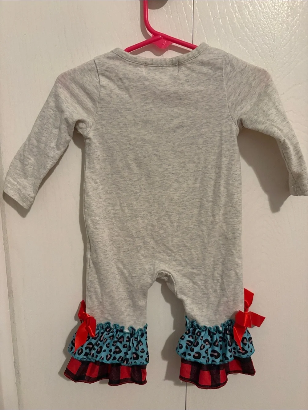 Ho Ho Christmas Ruffle One-Piece Romper - Light Gray with Red & Blue Accents